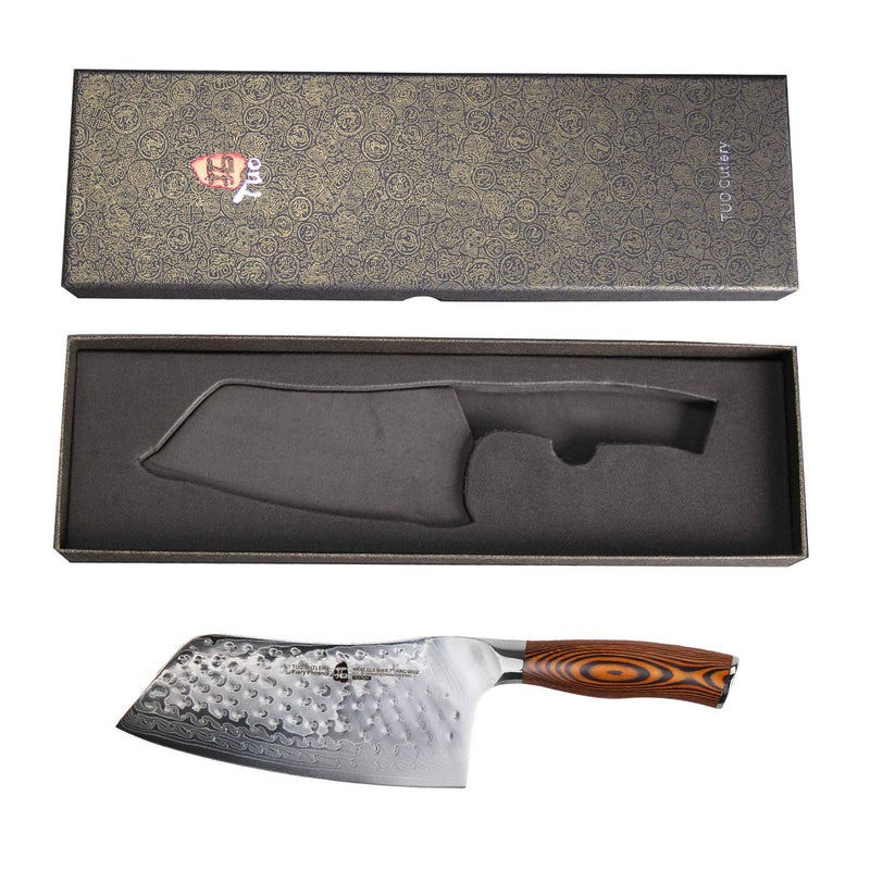 TUO Cutlery Cleaver Knife - Japanese AUS-10 Damascus Steel Hammered Finish - Chinese Chef's Knife for Meat and Vegetable with Ergonomic Pakkawood Handle - 7" - Fiery Phoenix Series - Image 3